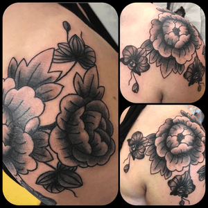 Peonies and orchids on shoulder 