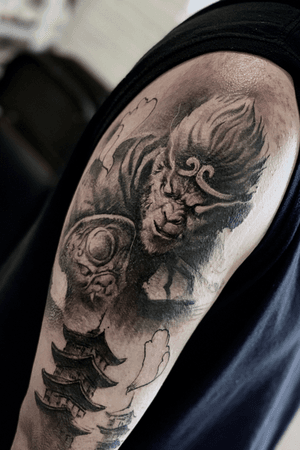 Monkey King Black And Grey Ink Male Shaded Half Sleeve Tattoo