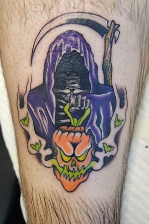 Grim reaper piece for Alex. Will be turning this into a Halloween sleeve#syfitattoos #grimreaper #halloween #color #traditional #cool #colorful #jackolantern #horror #brooklyn #nyc