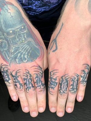 Finger/Knuckle tattoo DARK SOUL.Artist Ballsy @ factotum body modification.