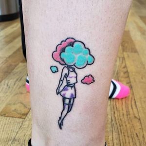 Girl with her head in the clouds. Love the colors on this!#syfitattoos #clouds #girly #smalltattoo #color #traditional #cool #colorful #simple #pink #brooklyn #nyc
