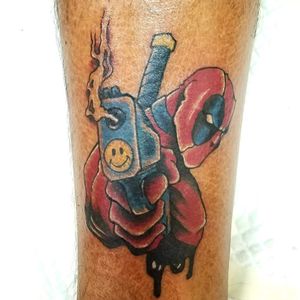 Really cool deadpool for my brotha Antonio! Awesome time at the shop! #syfitattoos #MarvelTattoos #comicbook #superhero #Deadpool #color #traditional #cool #colorful #brooklyn #nyc