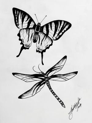 Butterfly and Dragonfly blackwork flash 