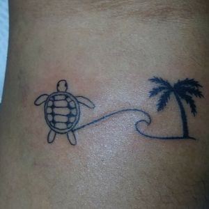 Turtle, wave, and palm tree.