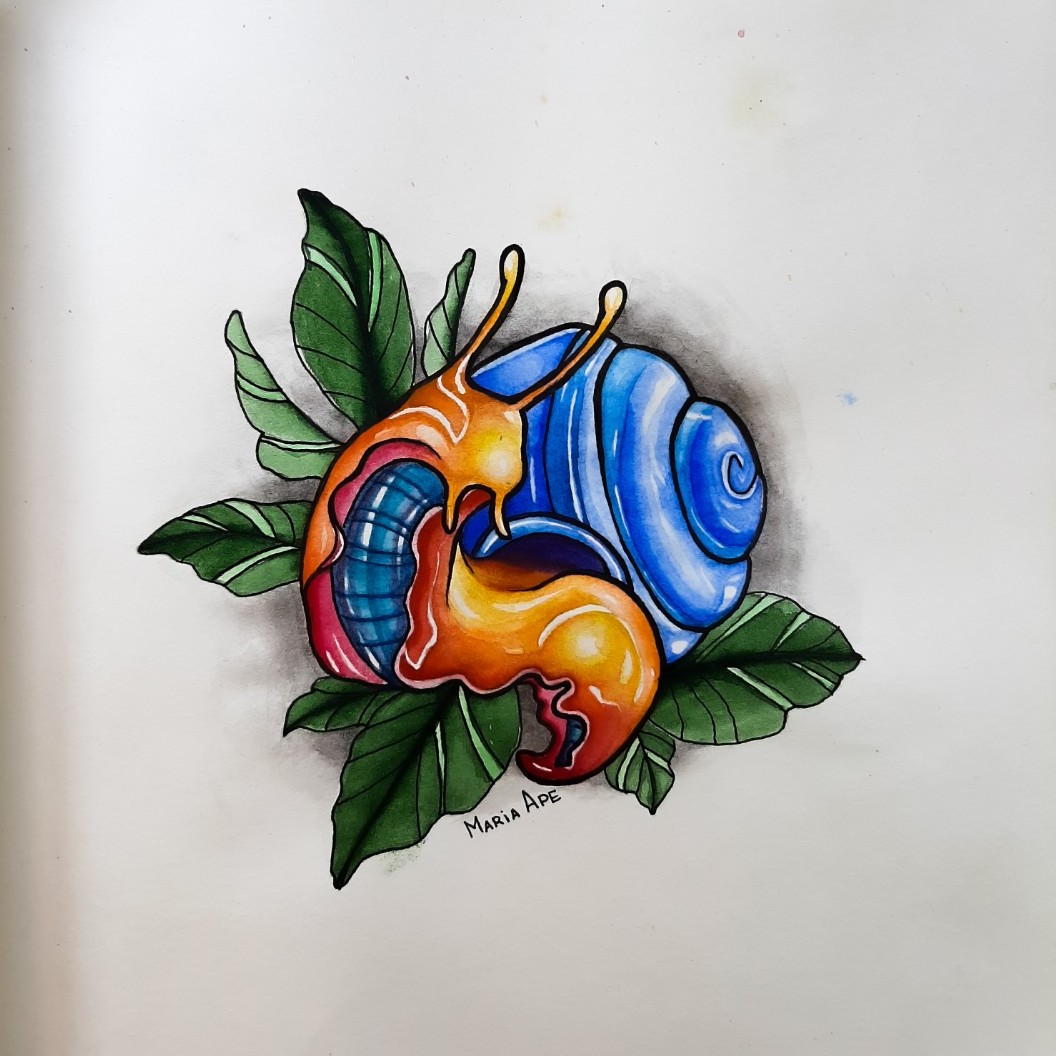 Neotraditional sea snail tattoo on the left side