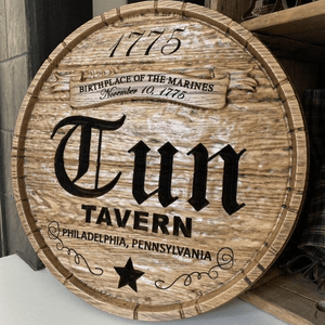 Top of arm beer barrel, keep Tun Tavern on there add dropping bodies in a upward arch above tun tavern, add since 1775 in downward arch under tun tavern, take out birthplace of the Marines. Underlay to look like US flag 