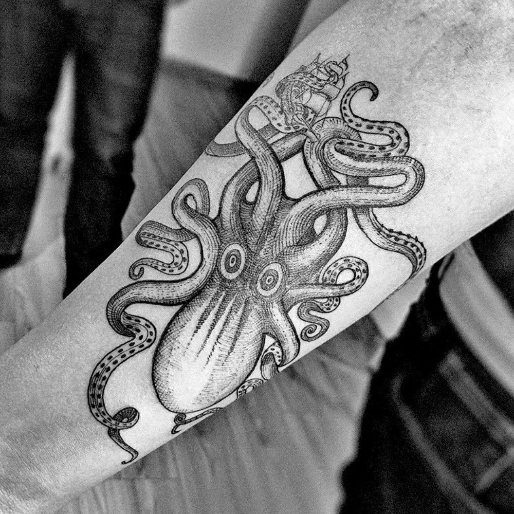 Sketch work Kraken tattoo on the upper arm