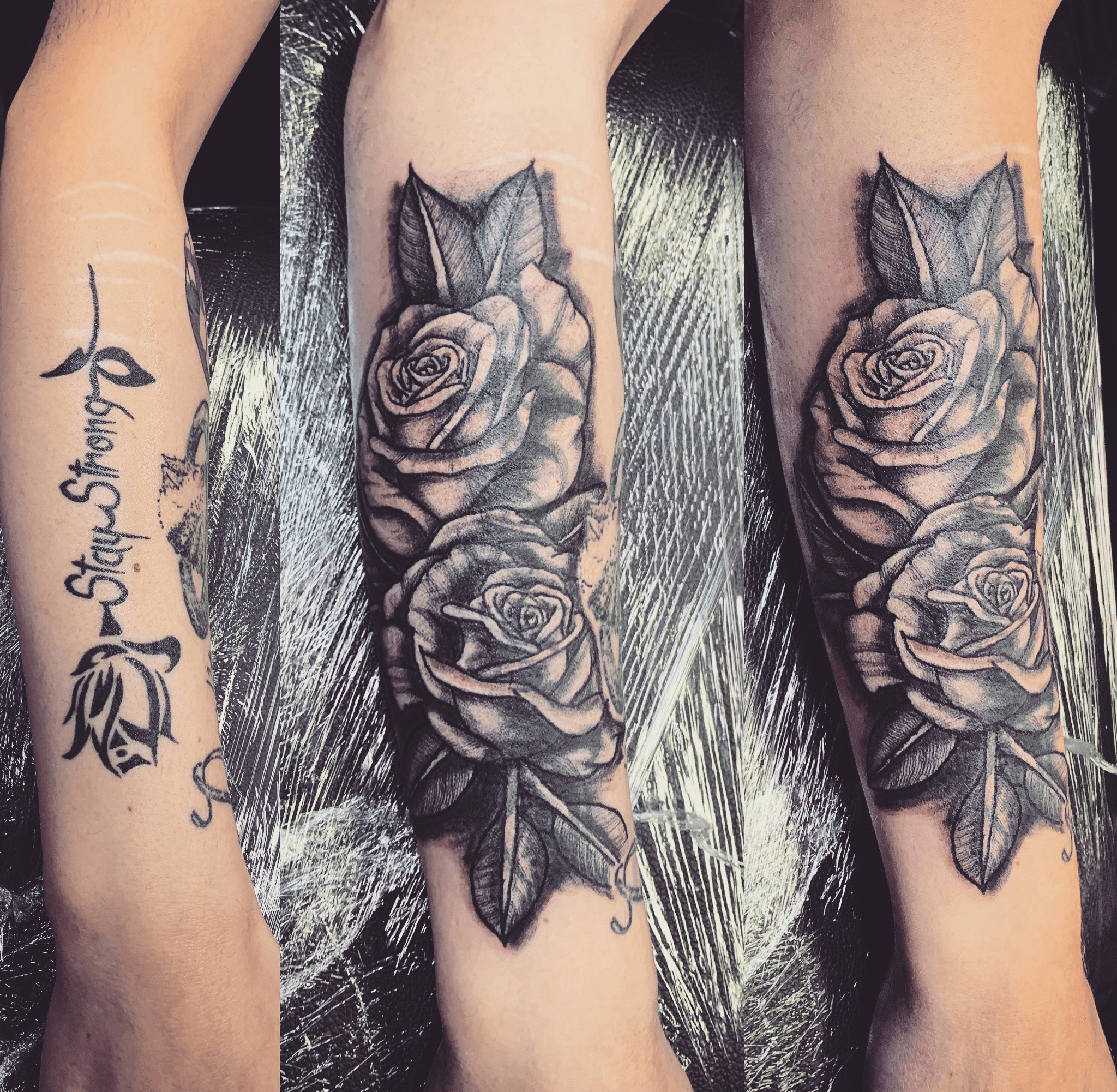 Wanted a rose tattoo and ended up covering an old dainty lettering tattoo  Its a lot bigger than I originally wanteddid he go overboard Sorry for  glare  peeling  rTattooDesigns