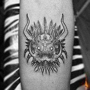 Nº812 #tattoo #tattooed #ink #inked #boyswithtattoos #mask #masktattoo #shaman #shamantattoo #voodoo #tribe #horns #feahers #blackwork #blackworktattoo #stencilstuff #dynamicink #dynamiccolor #stigmatattoocartridges #cheyennetattooequipment #hawkpen #bylazlodasilva Not my design.