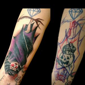 Covercillo de recien, freehand.. #tattoo #inked #ink #freehand #cover #coverup #traditional #tradicional #traditionaltattoo #tatuqjetradicional #girl #bat #murcielago #luchotattoo #luchotattooer
