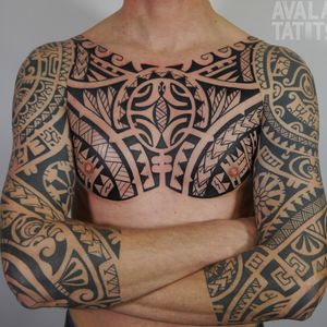 Polynesian sleeves and chest. #polynesiantattoo #sleevetattoo 