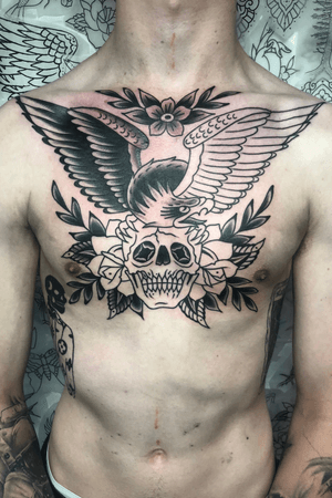 Traditional Chest piece, couple hours left on this one #blackandgrey #skull #eagle #traditional #chest #rose #big