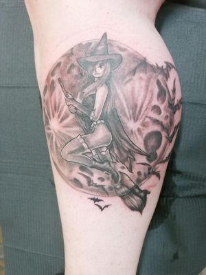 Witch flying across the moon with bats flying in the background, Done at Jonas and company in Sommerset, Kentucky by Cortney. #witchtattoo #Moon #Gothic #pinup #blackandgreytattoo 