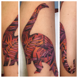 Whoa hey, a color tattoo! #tattoo #brontosaurus #dinosaur #dinosaurtattoo #sunsetcolors