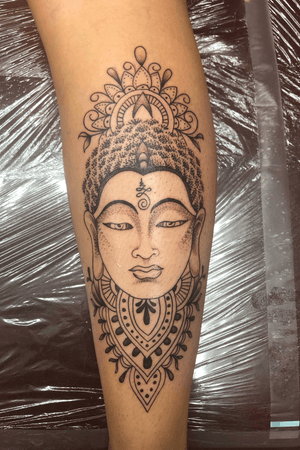 Buddha face tattoo #buddha #buddhatattoo #dotwork #calftattoo #tattoo #tattoos 