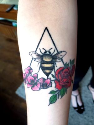 Honey Bee and Floral on forearm