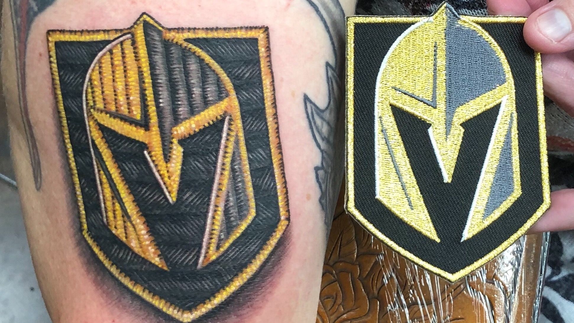 Tattoo uploaded by Stacy Bartlett Krupco • My Vegas Golden Knights  embroidered logo patch tattoo. Artist Matt Womack of St. Louis Tattoo  Company. Done 9/19/19. Picture 1/2. • Tattoodo