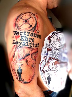 #erinnerung #vater #tod #ganginslicht #germantattooer#natur #tattoodo #tattooapp #bookingnow #artist#follow #tattoodopro #share_our_tattoo #trashpolka #rot #löwe #farbe #arm #Kompass #herz 