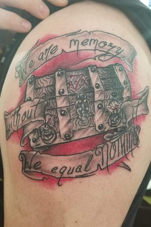 Artist - Drew Martins he took my idea I wanted for a tattoo and created this Avenged Sevenfold tattoo for me. Completely satisfied! Lyrics from remenissions from the album waking the fallen. The chest represents a time capsule as well as symbolizes their cd hail to the king in its medieval style.