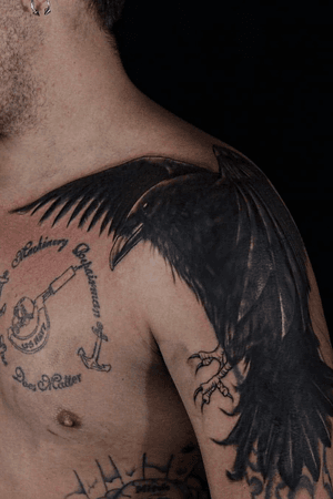 Part of a large #coverup by Josh. #raven #shoulder #dark #blackandgrey 