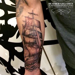  Realistic, soft black and grey, Ship in Ocean waves tattoo, by artist Heather Gellately of Platinum tattoo in Kelowna BC Canada .....  ship Tattoo, realistic tattoo, black and gray tattoo, Canadian tattoo, Canadian tattoo artist, Kelowna tattoo artist, Okanagan tattoo artist, bc tattoo shop