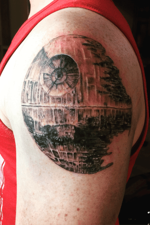 Star Wars Death Star tattoo designed and performed by Gary at Vivid Tattoo San Diego, CA #starwars #Deathstar #blackandwhitetattoo 