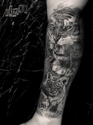 Mumma tiger and baby tiger 🐯 #tattooideas #tattoodesigns #tattooistartmag #blackandgreytattoo #realism #realistictattoo #blackandgrey #melbournetattoo #inspiration #bodyart #tiger #tigertattoo #realistictiger