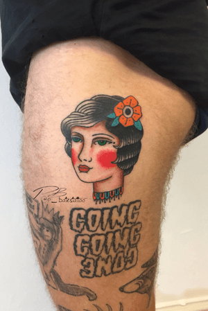 Beautiful lettering and illustrative elements by Patrick Bates on upper leg with a quote, woman, and flower motif.