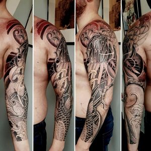 Japanese Irezumi Sleeve. Koi fish, Chrysanthemum, Finger Waves, Wind Bars, Clouds, done at Holy Tiger Tattoo, Private Studio, Caluire et Cuire, Lyon, France.