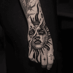 Sun hand tattoo by Cristian Casas #CristianCasas #sun #hand #neotraditional #portrait #goddess #deity #vampire Done at @der_grimm_tattoo on @melissascrooge