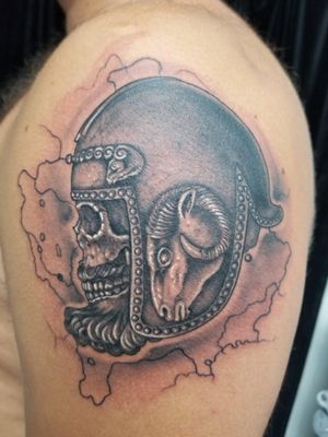 "They may be only soldiers, but never let them get close to your plate, and don't make them kneel before you, if you don't intend to capitate them"Pasha Sulejman#Illyrian tattoo done with #crowncartridges by kingpin tattoo supply #illyria #balkan #skull #blackandgreytattoo #helmet #kosovo #tribes #warrior