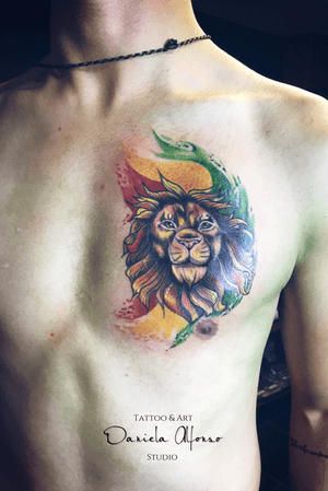 Jamming Lion. #liontattoo #chesttattoo