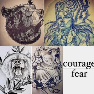 Thigh Tattoo of bear head with roses/flowers/greenery and the word courage in cursive 