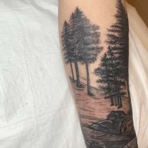 man hand tree tattoo, lettering & mini tattoo coverup