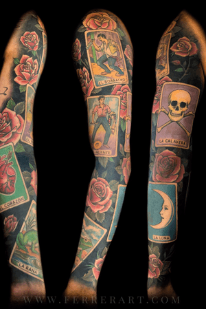Mexican lotería cards and roses sleeve. 