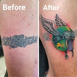 #coveruptattoo done with #crowncartridges by kingpin tattoo supply #helmet #biker #wings #coverup #color #miamibeach #tattoo #motorcycle best tattoo shop in Miami Beach