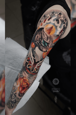 This sleeve is almost finished! Just biceps missing ? thank you Natalia for that amazing sleeve, I enjoy it so much! Black and gray with color accents is probably my favourite way of making art on skin! If you want to book a tattoo with me and would like