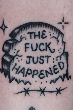 Traditional grave headstone design that reads “The fuck just happened” in black.