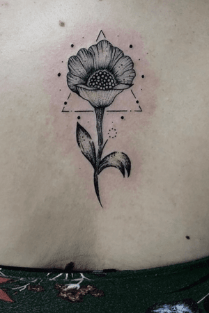 Traditional/realistic black outline of a sunflower and triangle on upper back below neck with single needle soft shading.