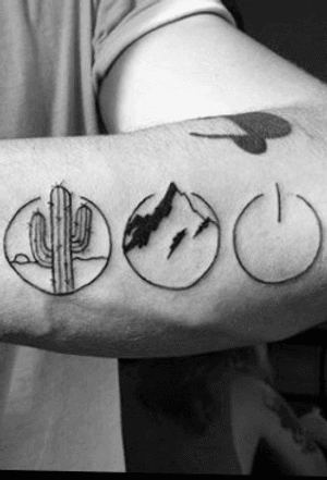 3x1.5 inch circles with designs inside on the backside of a clients forearm.... each circle containing a cactus, a mountain range, and the third resembles a power on/off button symbol In black.
