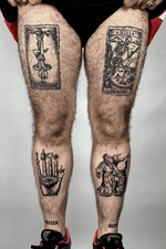 Leg tattoos, Tarot cards, hand of mysteries, philosopher’s stoner 