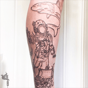 Underwater Theme Tattoo by Kirstie Trew • KTREW Tattoo • Birmingham, UK 🇬🇧 #divertattoo #sharktattoo #fineline #linework #tattoo #illustrative