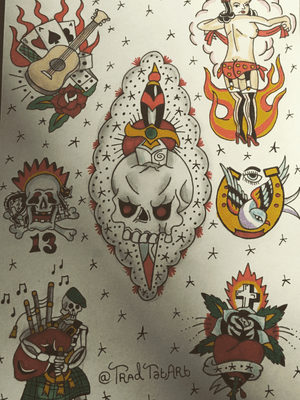 Few designs inspired from eric maaske flashsheets... big fan of some of his work but ofc ive added a few designs of my own like the bagpipe skeleton based on dropkick murphys, if your irish and love rock music like me youll know what im talking about... and the guitar is off my own design
