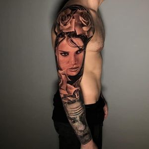 Young woman, Old man full sleeve tattoo in black and grey realism, London, UK | #blackandgrey #realistic #tattoos #fullsleevetattoo