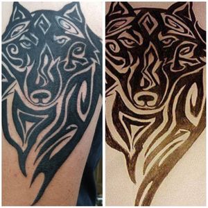 Design on the right. Completed tattoo on the left.