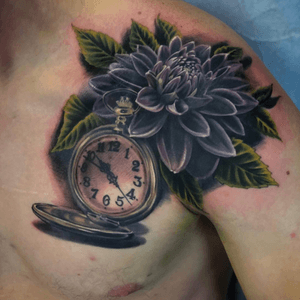 Dahlia flower and time piece - all healed besides some black on the pocket watch, shadows and green in leaves