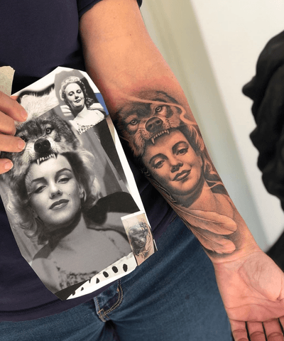 Sometimes I get old portraits that are to unclear to create a high quality #tattooportrait so I find a similar face of a high quality photograph in this case I took a photo of Marilyn Munro and photoshopped her features to look more like Natasha’s grandmah then copied the shading of the original portrait when executing the tattoo. #portrait #tattoo #memories #grandma @garageinkmanor @swashdrive_tattoo_official @metrixneedles @tattoodo @aftercareh2ocean @starbritecolors @tommyssupplies @tacsciences @z00tatt00 #beauty #fullsleeve #blackandgrey #family #life #wonder #gratitude #appreciation #beyondourskin #garageinkmanor #starbright #heart #sleeve hey