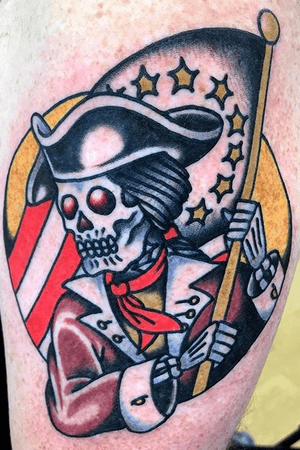 Traditional Old School Minuteman.#traditionaltattoos #traditionaltattoo #traditional #AmericanTraditional #oldschool #oldschooltattoo #oldschooltattoos #betsyrossflag #soldier #militaryink #militarytattoos #military #1776 #skeletontattoo #skeleton #skulltattoo #skull #flag #flagtattoo #americanflag 