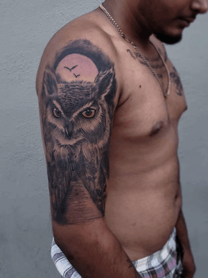 really cool free hand owl tattoo from today on my good friend...super happy with it ...if you guys like it ... leave a coment ...and hit the like button 🙏😍🙏 @bishoprotary @saniderm @worldfamousink #tattoo #tat #davincicartridges #owltattoo #owltattoos #treetattoo #moontattoo #freehandtattoo #armtattoo #sleevetattoo  #shouldertattoo @omeshrohit
