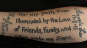 Custom Poem Tattoo on J. Allbrook's right forearm. I also fixed details on the Names and Dates. 